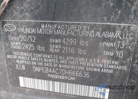 2013 Hyundai Sonata Gls z USA, uszkodzony, nr VIN 5NPEB4AC7DH666636